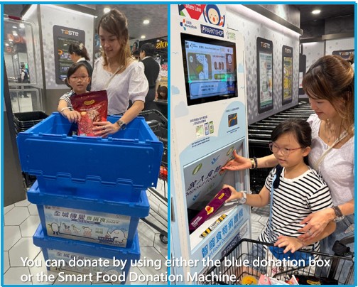 Sample image showing a child dropping food into a PARKnSHOP blue donation box or Smart Food Donation Machine
